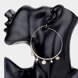 Rhinestone Embellished Metal Flower Honey Bee Beaded Open Circle Earrings