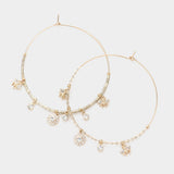 Rhinestone Embellished Metal Flower Honey Bee Beaded Open Circle Earrings