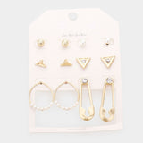 6Pairs - Rhinestone Embellished Geometric Stud Safety Pin Earrings