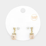 2Pairs - 14K Gold Dipped Pearl Stud Square Dangle Earrings
