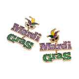 Glitter Mardi Gras Message Masquerade Drop Dangle Earrings