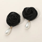 Teardrop Pearl Dangle Satin Rose Earrings