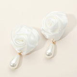 Teardrop Pearl Dangle Satin Rose Earrings