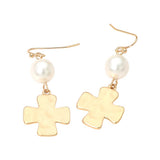 Matte Hammered Metal Cross Pearl Link Drop Earrings