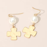 Matte Hammered Metal Cross Pearl Link Drop Earrings