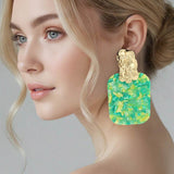 Women's Oversized Patterned Celluloid Acetate Plate Accent Door Knocker Dangle Earrings