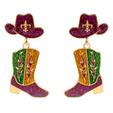 Enamel Glitter Mardi Gras Western Hat Boot Drop Dangle Earrings