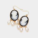 Triple Pearl Embellished Cameo Dangle Earrings