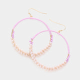 Raffia Faceted Bead Wrapped Open Metal Circle Dangle Earrings