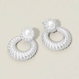Pearl Accent Textured Ring Door Knocker Earrings