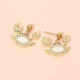 Stainless Steel Mother of Pearl CZ Stone Paved Crab Charm Dangle Earrings