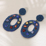 Multi Stone Embellished Seed Beaded Cutout Oval Dangle Earrings