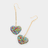 Dropped Rhinestone Pave Heart Dangle Earrings