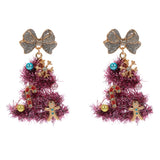 Whimsical Pearl Bow Snowflake Charm Tinsel Christmas Tree Dangle Earrings