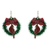 Holiday Bow Accent Cardinal Wreath Dangle Earrings