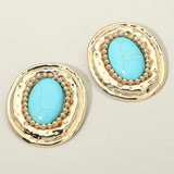 Bold Western Oval Turquoise Stone Center Beaded Frame Statement Earrings
