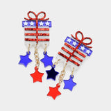 Glittered Resin American USA Flag Gift Box Dangle Earrings
