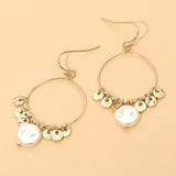 Metal Disc Pearl Charm Drop Hoop Dangle Earrings
