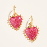 Metal Bead Rim Glitter Heart Dangle Earrings