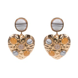 Round Stone Embellished Textured Metal Heart Dangle Earrings