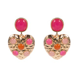 Round Stone Embellished Textured Metal Heart Dangle Earrings