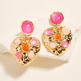 Round Stone Embellished Textured Metal Heart Dangle Earrings