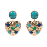 Round Stone Embellished Textured Metal Heart Dangle Earrings