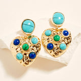 Round Stone Embellished Textured Metal Heart Dangle Earrings