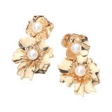Pearl Accent Double Floral Link Drop Statement Earrings