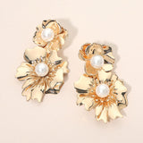 Pearl Accent Double Floral Link Drop Statement Earrings