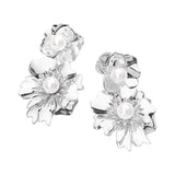Pearl Accent Double Floral Link Drop Statement Earrings