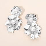 Pearl Accent Double Floral Link Drop Statement Earrings