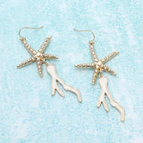 Stone Paved Starfish Enamel Coral Link Dropdown Dangle Earrings