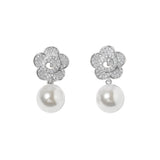White Gold Dipped CZ Pave Flower Pearl Drop Earrings