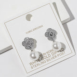 White Gold Dipped CZ Pave Flower Pearl Drop Earrings