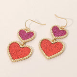 Glitter Double Heart Link Drop Dangle Earrings