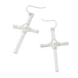 Pearl Accent Chunky Textured Cross Drop Dangle Earrings