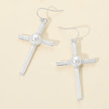 Pearl Accent Chunky Textured Cross Drop Dangle Earrings