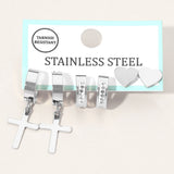 3Pairs - Stainless Steel Cross Drop Dangle Rhinestone Line Huggie Mini Hoop Heart Stud Earring Set