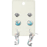 3Pairs - Metal Seashell Enamel Wave Post Mermaid Dangle Earrings Set