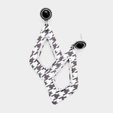 Houndstooth Check Print Rhinestone Embellished Cutout Geometric Metal Earrings