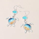 Enamel Sea Turtle Sea Glass Link Dangle Earrings