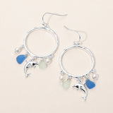 Dolphin Sea Glass Charm Drop Open Ring Dangle Earrings