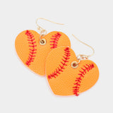 Faux Leather Baseball Heart Dangle Earrings