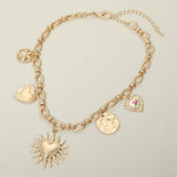 Vintage Inspired Heart Flower Charm Station Necklace