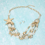 Bold Starfish Charm Pearl Shell Beaded Layered Statement Necklace
