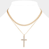 Gold Dipped Stone Paved Cross Pendant Cuban Chain Layered Necklace