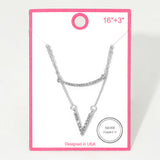 Silver Dipped Rhinestone Pave V Bar Pendant Layered Necklace