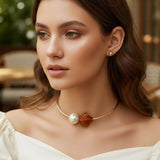 Bold Pearl Resin Seashell Tip Open Bangle Necklace