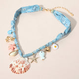 Seashell Starfish Anchor Heart Charm Station Fabric Statement Necklace
